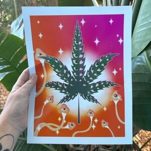 Super Trippy Colorful Cannabis Leaf and Mushrooms Art Print Stoner Wall Decor